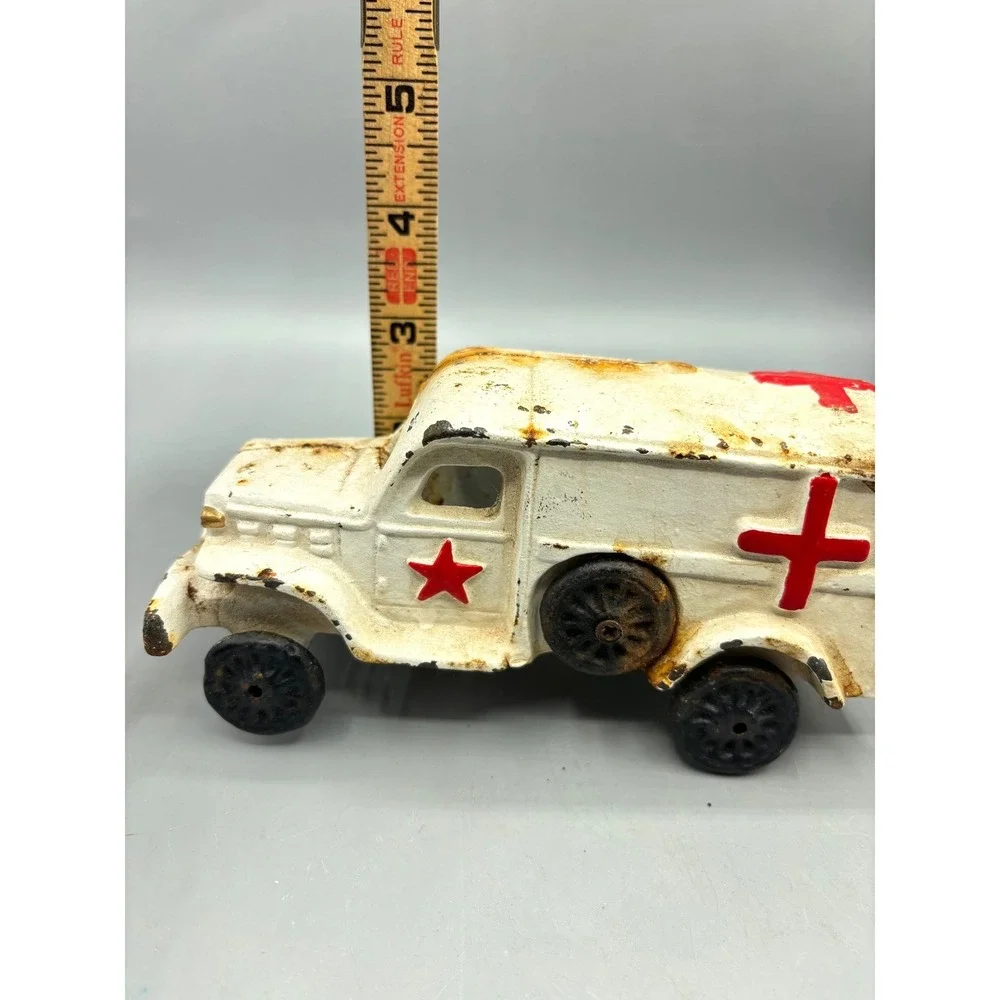 Vintage Cast Iron Ambulance Toy Red‎ Cross Star White Painted Metal